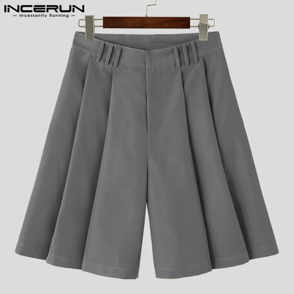 2023 Men Shorts Pleated Solid Color Loose Streetwear Casual Men Bottoms Korean Style Summer Leisure Male Shorts S-5XL INCERUN