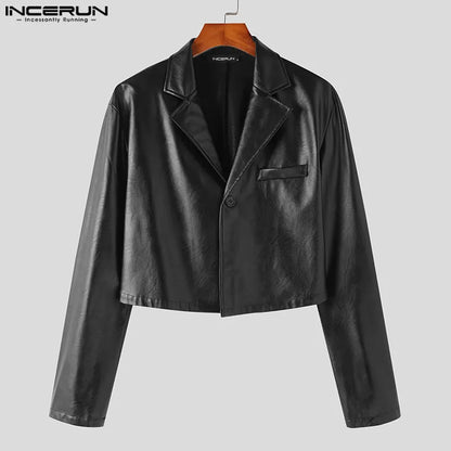 Blazer en cuir PU pour hommes, couleur unie, revers, manches longues, Streetwear, un bouton, manteaux fins, costumes décontractés 5XL, INCERUN 7, 2023