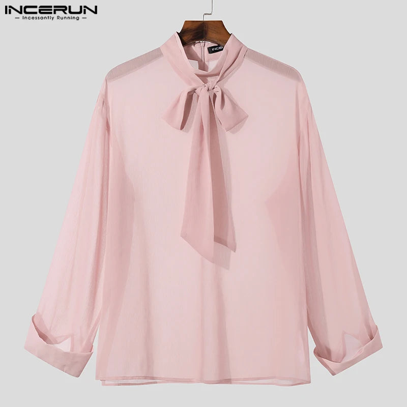 INCERUN-camisa de manga larga con cuello levantado para hombre, ropa de calle de Color sólido con cordones, transparente, a la moda, S-5XL, 2023