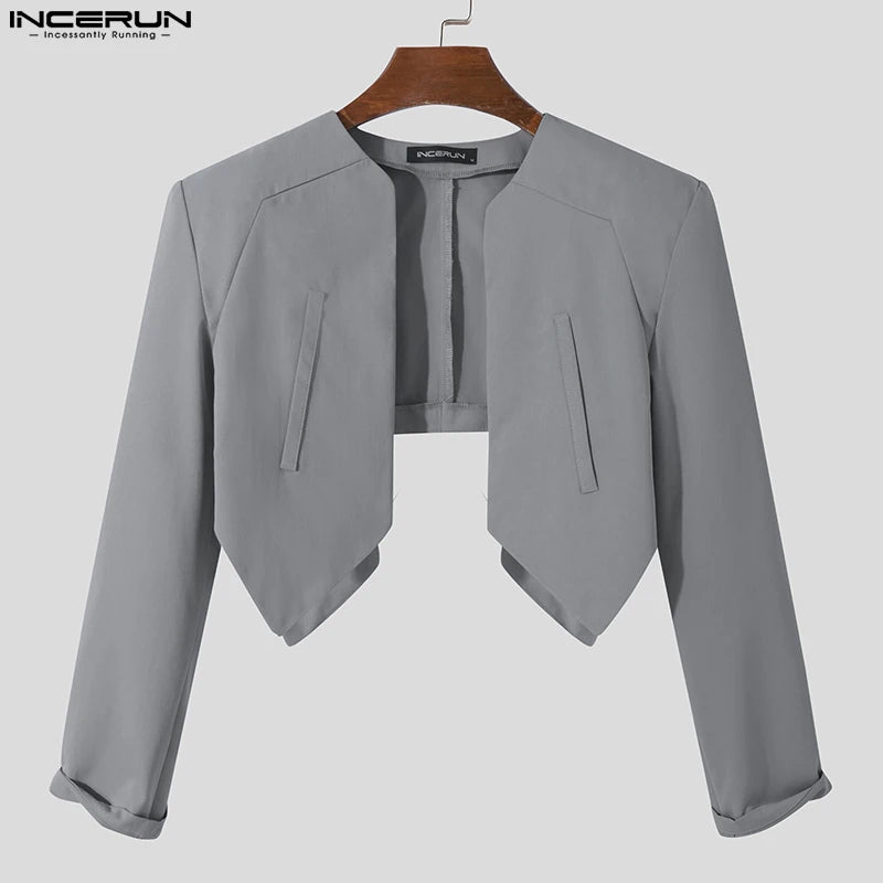 Mode hommes Blazer couleur unie point ouvert à manches longues Streetwear irrégulier mince costumes hommes 2023 décontracté culture manteaux S-5XL INCERUN