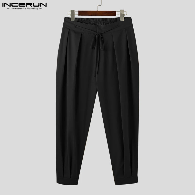 INCERUN-pantalones de moda para hombre, pantalón informal plisado con cordones, ropa informal suelta, pantalones largos de ocio, S-5XL, 2023