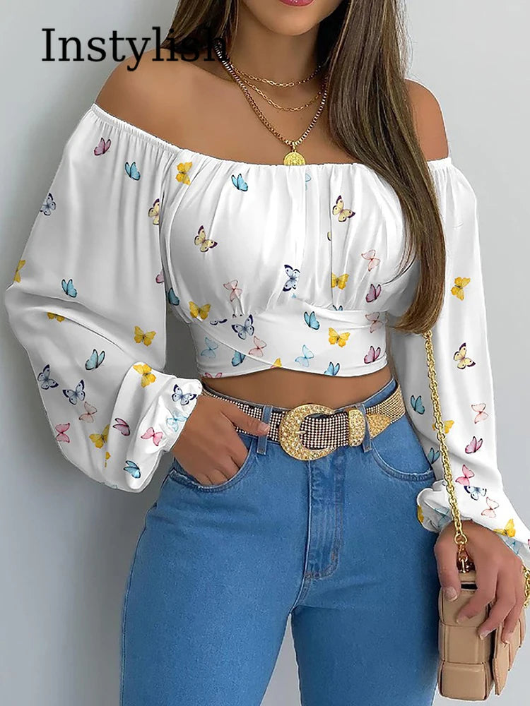 Blusas sexis con estampado de hombros descubiertos para mujer, blusas elegantes y elegantes acampanadas de manga larga con cordones y lazo, camisetas recortadas informales ajustadas 2023