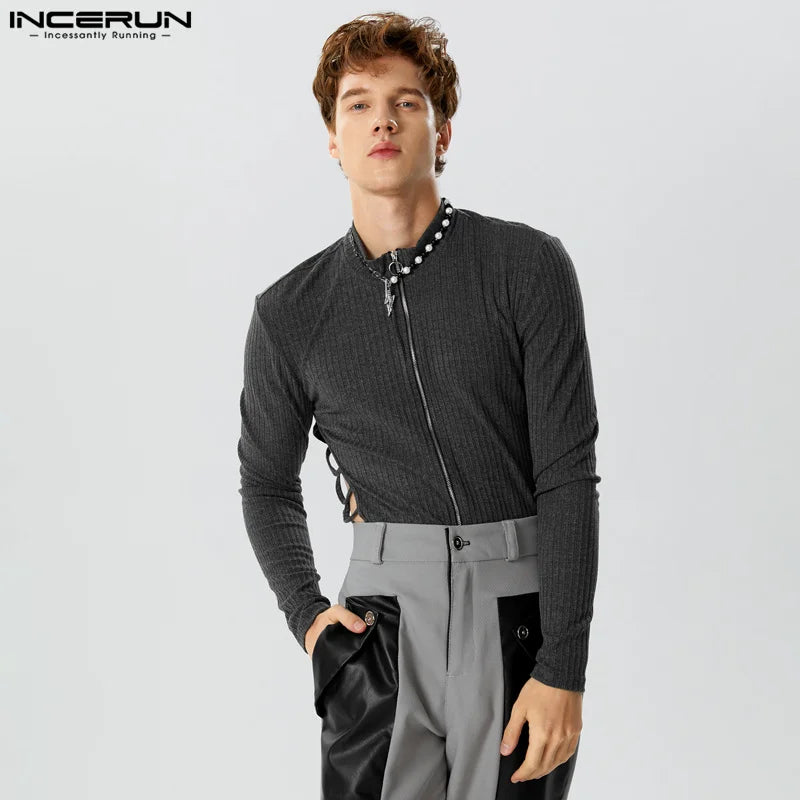 INCERUN 7 – body pour hommes, couleur unie, ajouré, col rond, manches longues, Streetwear, barboteuse, fermeture éclair, Fitness, mode, 2023, S-3XL