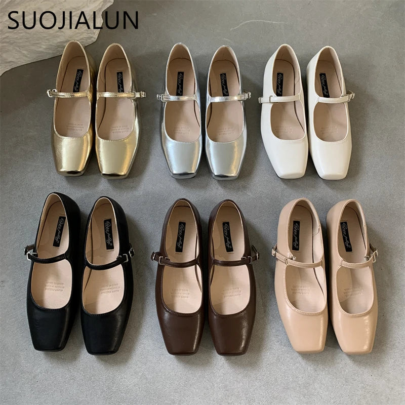 SUOJIALUN 2023, novedad de verano, zapatos planos para mujer a la moda con punta cuadrada, zapatos Mary Jane poco profundos, zapatos de Ballet informales suaves, zapatos con talón descubierto