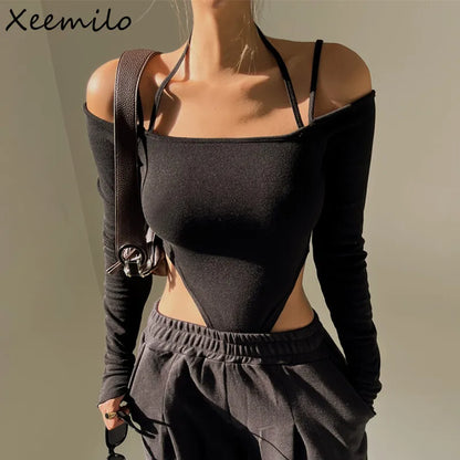 Xeemilo-body Sexy con hombros descubiertos y cuello Halter para mujer, camiseta de manga larga con tirantes finos estéticos, ropa ajustada para fiesta y discoteca