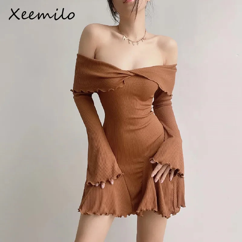 Xeemilo Sexy Low-cut Off Shoulder Dress Elegant Flare Long Sleeve Twist Knot Mini Dresses Y2K Aesthetic Agaric Edge Knit Vestido