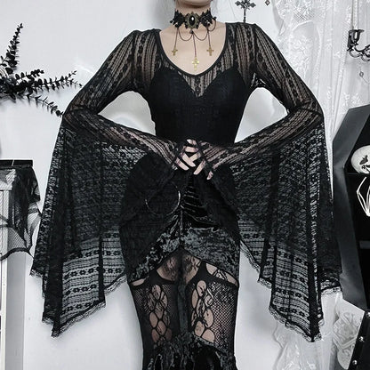 Body gótico de encaje oscuro transparente para centro comercial, bodys estéticos góticos con manga acampanada, Tops sexys Grunge para mujer, body Punk ceñido al cuerpo con cuello en V Alt