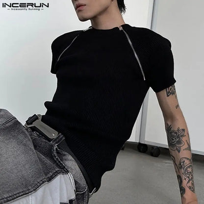 2023 Men T Shirt Solid Color O-neck Short Sleeve Men Clothing Streetwear Zipper Fitness Knitted Casual Tee Tops S-5XL INCERUN