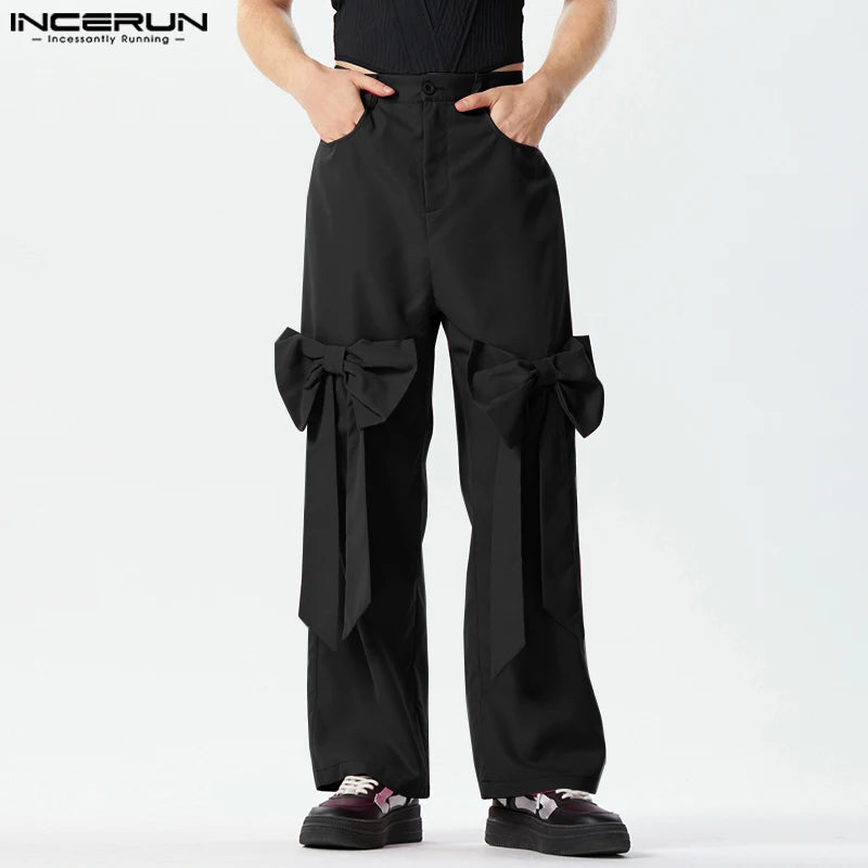 2024 Men Casual Pants Solid Color Joggers Button Bowknot Straight Trousers Men Streetwear Loose Stylish Long Pants S-5XL INCERUN