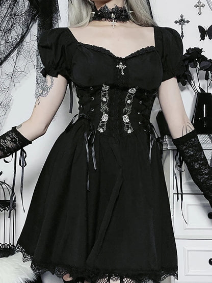 Goth Dark Lolita Mall gothique a-ligne kawaii Mini robes Style Grunge noir pansement Corset robe femmes Emo broderie Alt vêtements