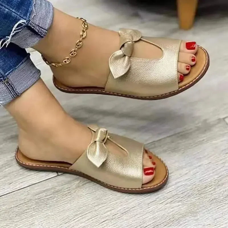 Zapatillas de verano para Mujer, zapatos planos bonitos con nudo de mariposa, sandalias informales de Color sólido, sandalias de playa, Zapatillas para Mujer