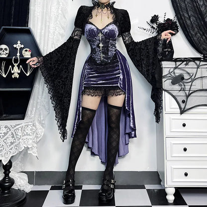 Goth Dark – robe trapèze gothique en velours pour femme, tenue de soirée élégante, Lolita, vêtements de fête, écharpe Grunge, ourlet en dentelle, tissu Alt