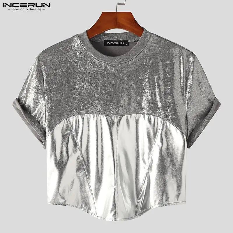 INCERUN-Camiseta brillante con cuello redondo para hombre, Tops cortos de manga corta a la moda, ropa de calle deportiva, Camisetas S-5XL 2023