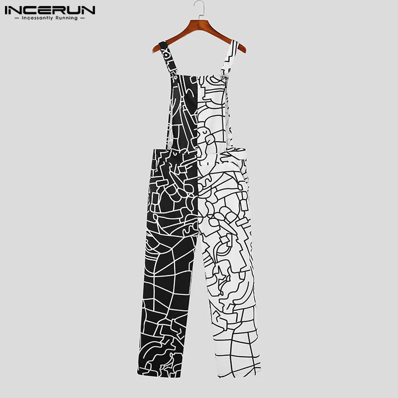 2023 Men Jumpsuits Print Patchwork Sleeveless Streetwear Summer Suspenders Rompers Fashion Male Straps Overalls S-5XL INCERUN