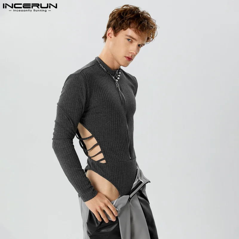 INCERUN 7 – body pour hommes, couleur unie, ajouré, col rond, manches longues, Streetwear, barboteuse, fermeture éclair, Fitness, mode, 2023, S-3XL