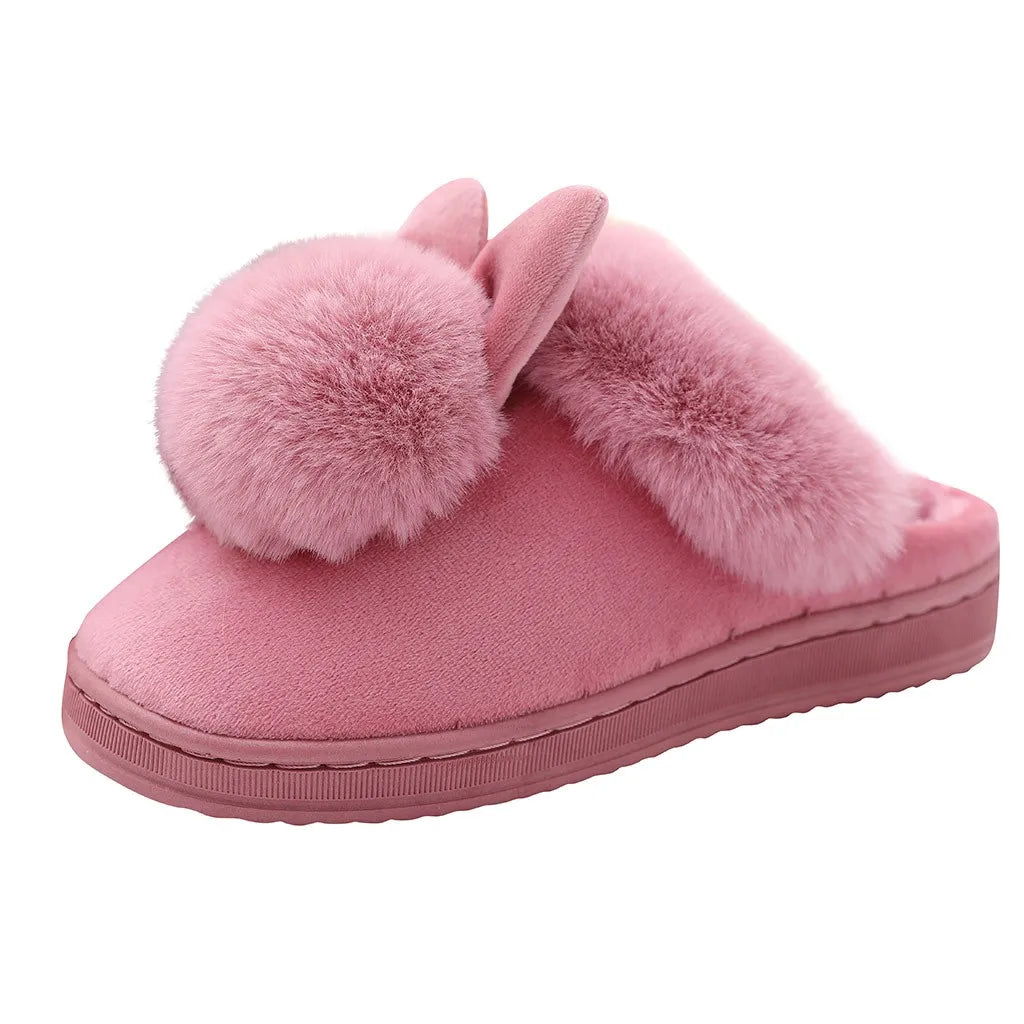 Zapatillas cálidas de piel para el hogar para mujer, calzado de interior con orejas de conejo, calzado con tacones planos para dormitorio interior, pantuflas mullidas de invierno