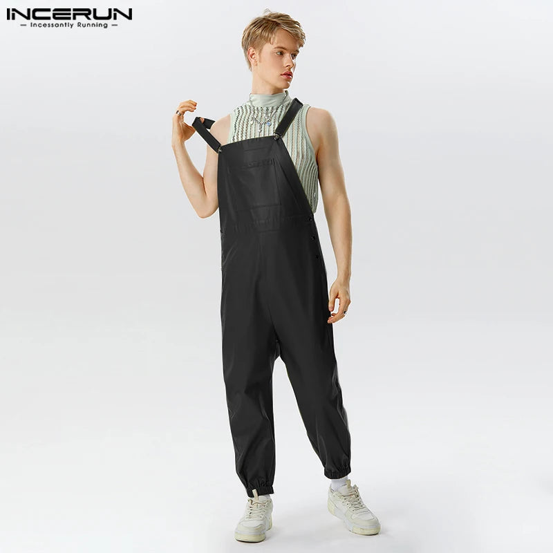 2023 Men Jumpsuits Faux Leather Solid Sleeveless Streetwear Suspender Rompers Pockets Loose Fashion Casual Male Overalls INCERUN