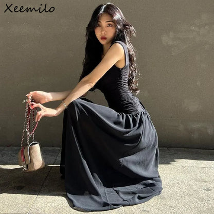 Xeemilo, vestido largo de fiesta de verano para mujer, Vestidos largos sexis negros ceñidos con pliegues, Vestidos elegantes de cintura alta con carácter, novedad de 2023