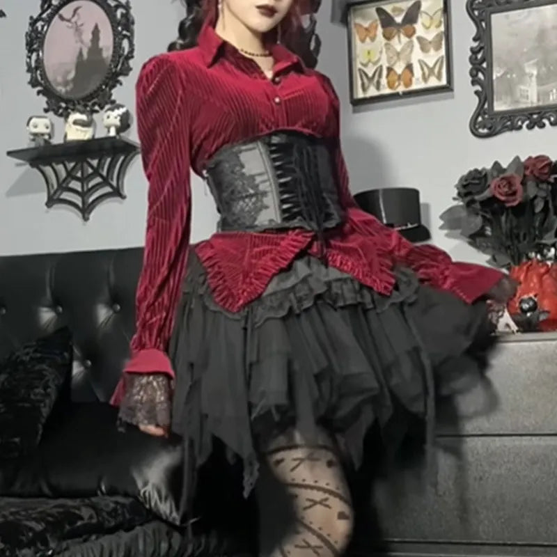 Goth foncé élégant velours rayé gothique Vintage Blouses volants ourlet mince boutonné femmes chemises automne à manches longues mode tissu