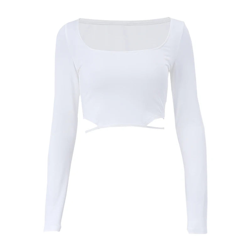 Xeemilo Solid Square-neck T-shirt Y2K Hollow Out Long Sleeve Women Crop Tops Summer Fashion High Streetwear Casual Skinny Tees