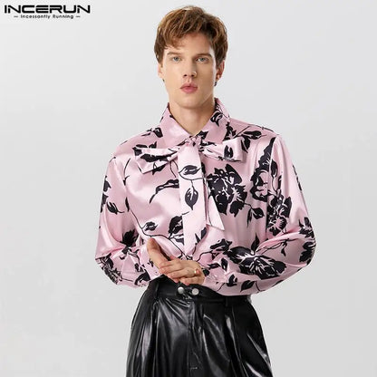 INCERUN-Camiseta con estampado de solapa de satén para hombre, ropa de calle de manga larga con cordones, ropa informal de moda de otoño, S-5XL, 2023