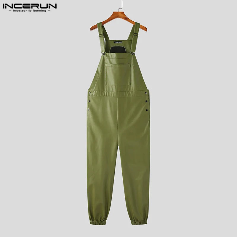 2023 Men Jumpsuits Faux Leather Solid Sleeveless Streetwear Suspender Rompers Pockets Loose Fashion Casual Male Overalls INCERUN