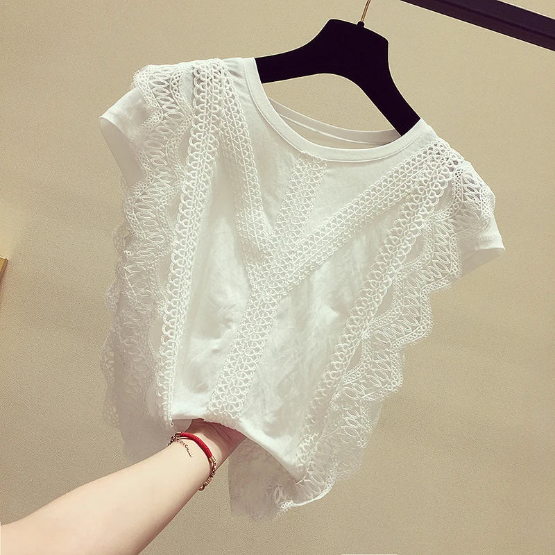 Women Summer Tops Crochet Lace Tees Sexy Vintage Sleeveless Vest Tank 5XL T Shirts Loose Blouse Casual Tees