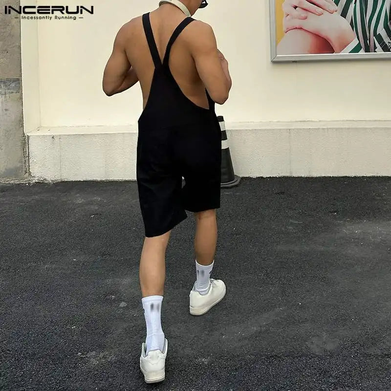 2023 Men Rompers Solid Color Sleeveless Summer Pockets Streetwear Suspender Jumpsuits Fashion Casual Men Overalls Shorts INCERUN