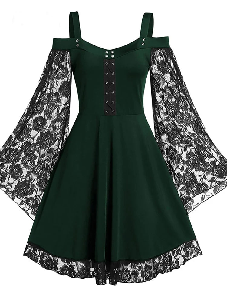 Goth foncé gothique esthétique Vintage femmes automne robes Grunge dentelle Patchwork manches évasées noir a-ligne robe Punk Partywear