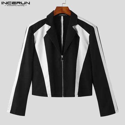 INCERUN 2023, Blazer para hombre, solapa de retazos, manga larga, cremallera, abrigos cortos informales, ropa de calle para hombre, moda de ocio, trajes masculinos S-5XL