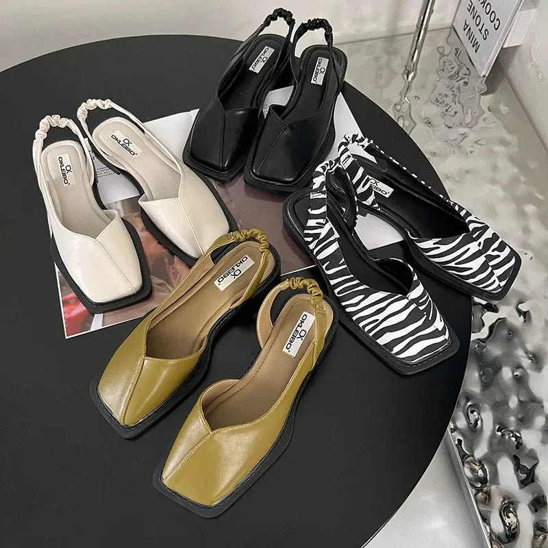 Baotou Summer Casual Ladies Sandals Fashion Ladies Elastic Band Flat Heel Women's Shallow Mouth Party Shoes Square Heel Sandals