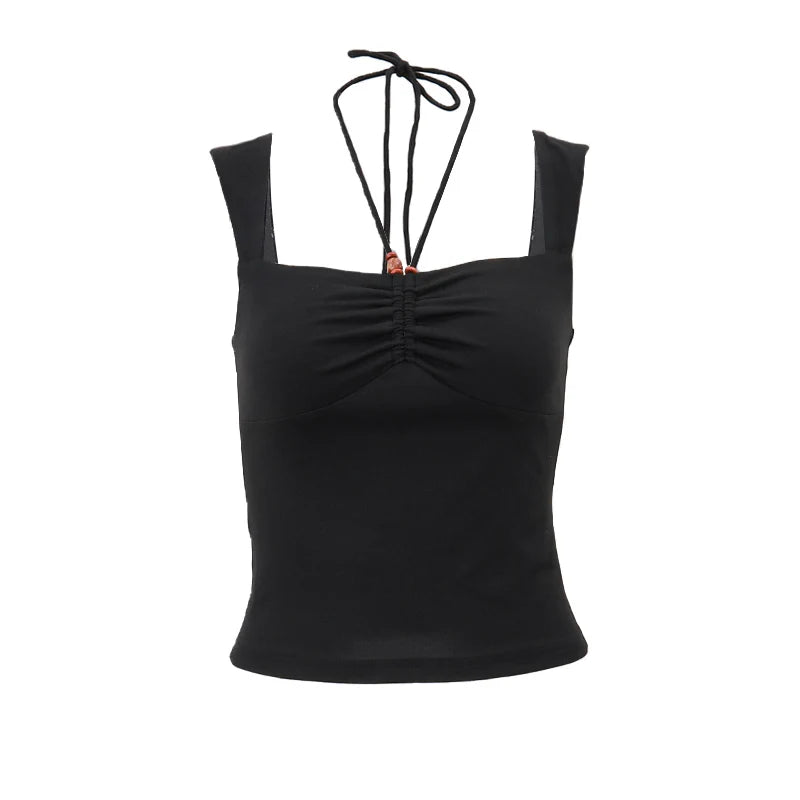 Xeemilo-Camiseta sin mangas con cuello cuadrado para mujer, Top corto Sexy negro plisado con espalda descubierta, chaleco ajustado sin mangas para verano 2023