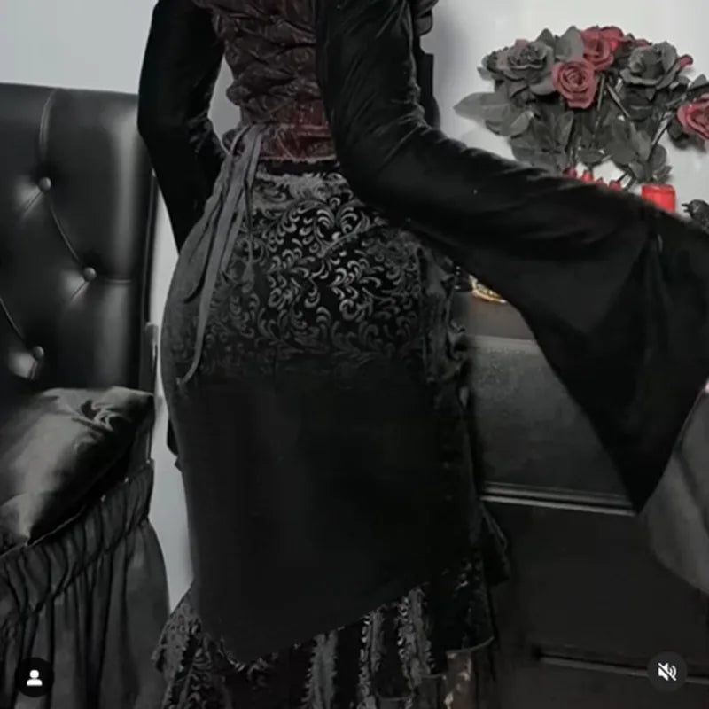 Goth Dark Vintage Mall Gothique Volants Sirène Jupes Grunge Punk Esthétique Dentelle Ourlet Midi Jupe Femmes Élégantes Soirée Alt Bas