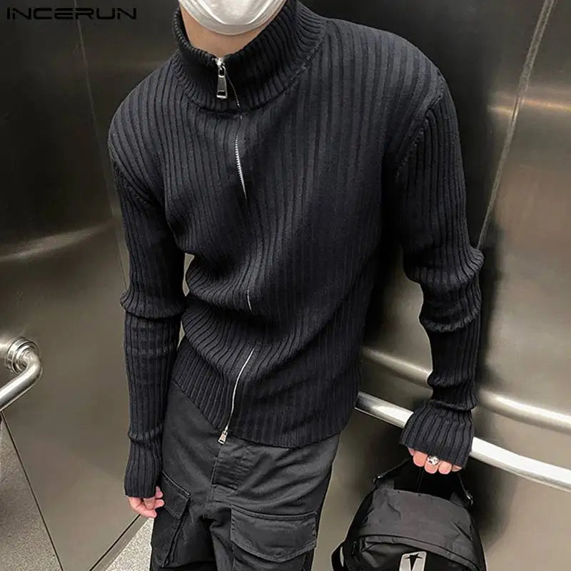 2023 hommes chandails couleur unie col roulé fermeture éclair manches longues Streetwear pulls mode coréenne décontracté vêtements pour hommes INCERUN