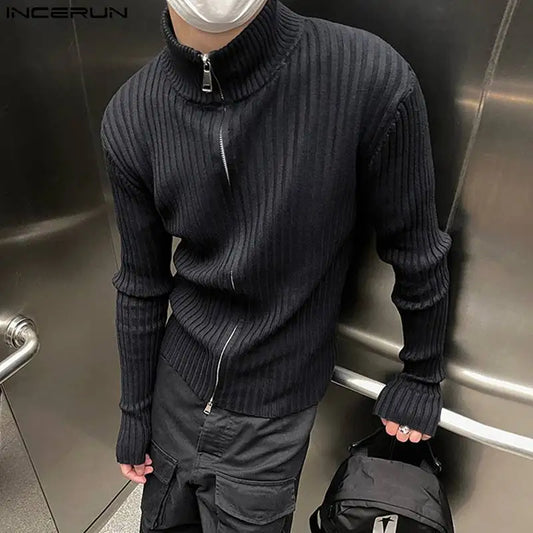 INCERUN-suéteres de manga larga con cuello alto para hombre, ropa informal con cremallera, moda coreana, informal, Color sólido, 2023