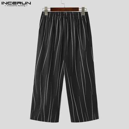 INCERUN-pantalones informales con estampado de cintura elástica para hombre, ropa informal suelta, moda coreana, pantalones largos, S-5XL, 2023