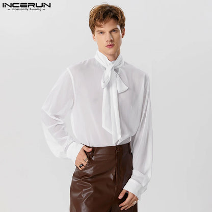 INCERUN-camisa de manga larga con cuello levantado para hombre, ropa de calle de Color sólido con cordones, transparente, a la moda, S-5XL, 2023