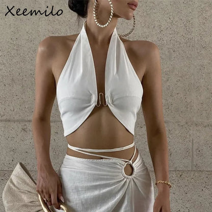 Xeemilo Sexy Off Shoulder Halter Tank Top Elegant Strapless Backless Crop Top Summer Slim Skinny Women Street Party Camisol