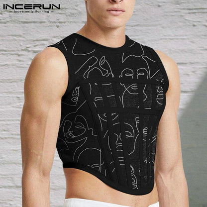 INCERUN-camisetas sin mangas de malla con cuello redondo para hombre, ropa de calle sin mangas, chalecos transparentes, Tops cortos sexys para fiesta y club nocturno 2023