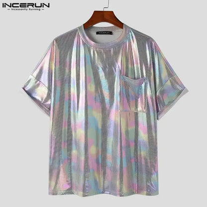 2023 Men T Shirt Shiny O-neck Short Sleeve Streetwear Loose Fashion Camisetas Summer Pockets Party Casual Tee Tops S-5XL INCERUN