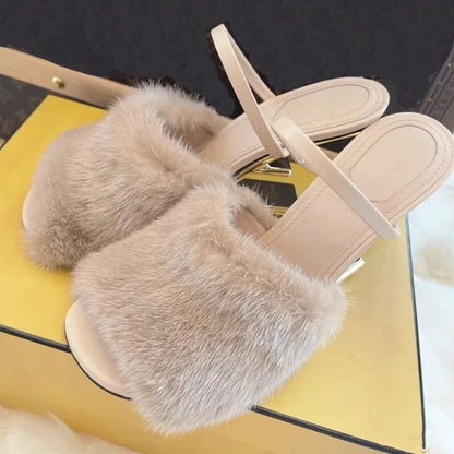 Fashion Women Fur Slippers Sexy Peep Toe Gladiator Sandals Dress Pumps Spring Summer Strange Heel Mules High Heel Wedge Shoes