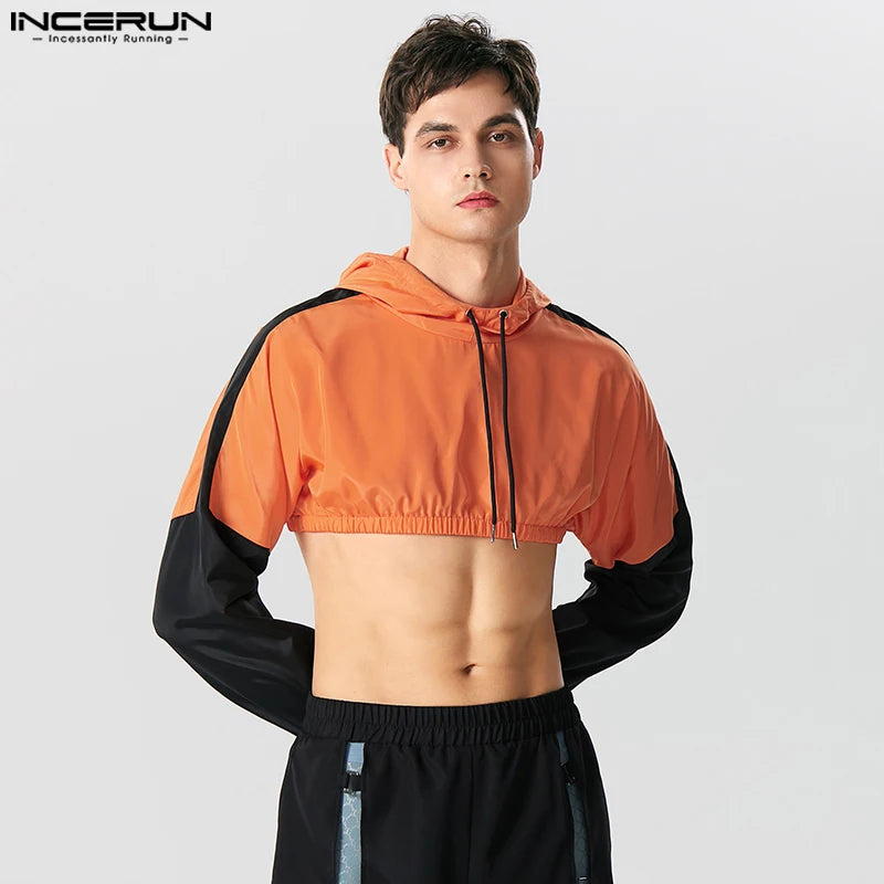 INCERUN-Camiseta de manga larga con capucha para hombre, ropa de calle informal, Camisetas con personalidad, Tops cortos a la moda para hombre, S-5XL 2023