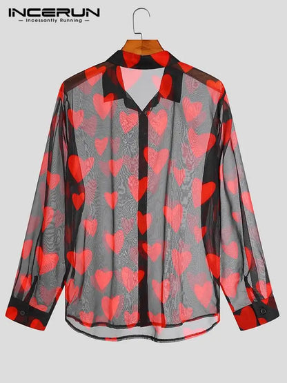 INCERUN 2023, Camisa a la moda para hombre, camisa estampada de malla transparente con solapa, ropa de calle de manga larga para fiesta y discoteca, Camisa informal Sexy 7