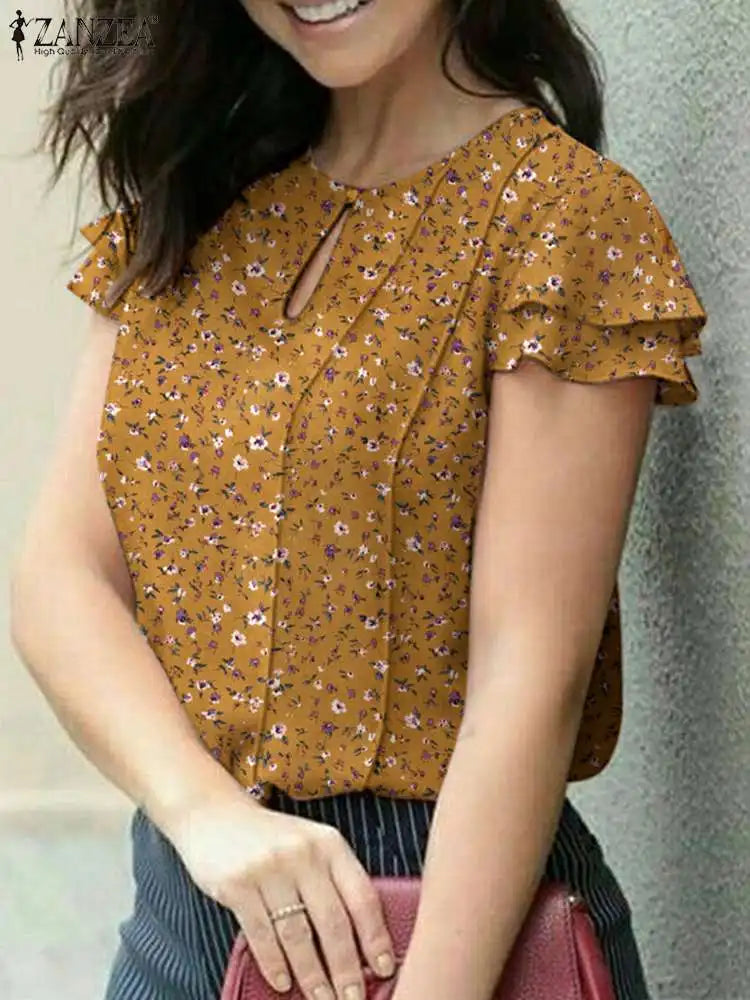 ZANZEA, blusa estampada a la moda de verano para mujer, Blusas bohemias de manga corta para vacaciones, Blusas con dobladillo con volantes, Túnica de fiesta para mujer, camisa informal