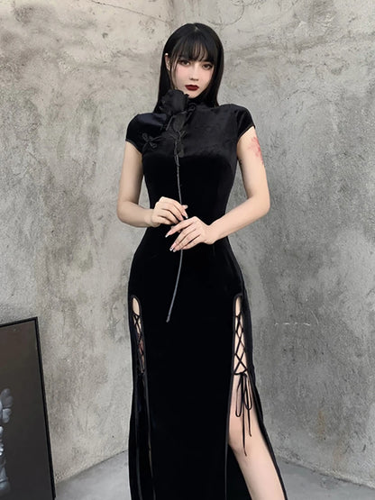 Goth Dark Romantique Gothique Velours Robes Esthétique Vintage Femmes Noir Bandage SlitHem Robe Moulante Sexy Tenue De Soirée Cheongsam