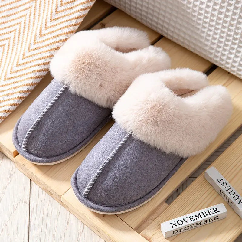 Feslishoet femmes en peluche chaude maison pantoufles plates doux confortable hiver coton chaussures intérieur en peluche pantoufles