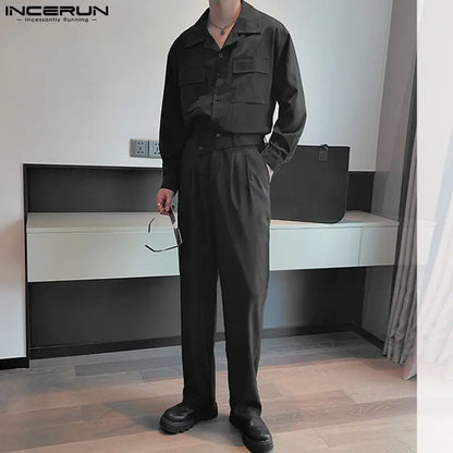 2023 Men Sets Solid Color Lapel Long Sleeve Pockets Shirt & Straight Pants 2PCS Loose Streetwear Men Casual Suits 5XL INCERUN 7