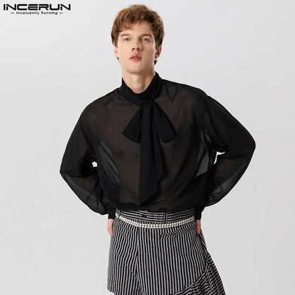 INCERUN-camisa de manga larga con cuello levantado para hombre, ropa de calle de Color sólido con cordones, transparente, a la moda, S-5XL, 2023