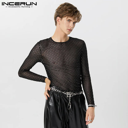 2023 camiseta para hombre de malla brillante transparente con cuello redondo, ropa de manga larga para hombre, ropa de calle Sexy ajustada para fiesta, Camisetas de moda INCERUN