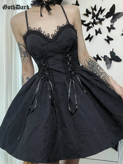 Vestidos góticos oscuros con lazo para mujer, vestidos góticos elegantes para centro comercial, vestido acampanado de Jacquard estético Grunge, adorno de encaje Emo, ropa negra de fiesta Alt